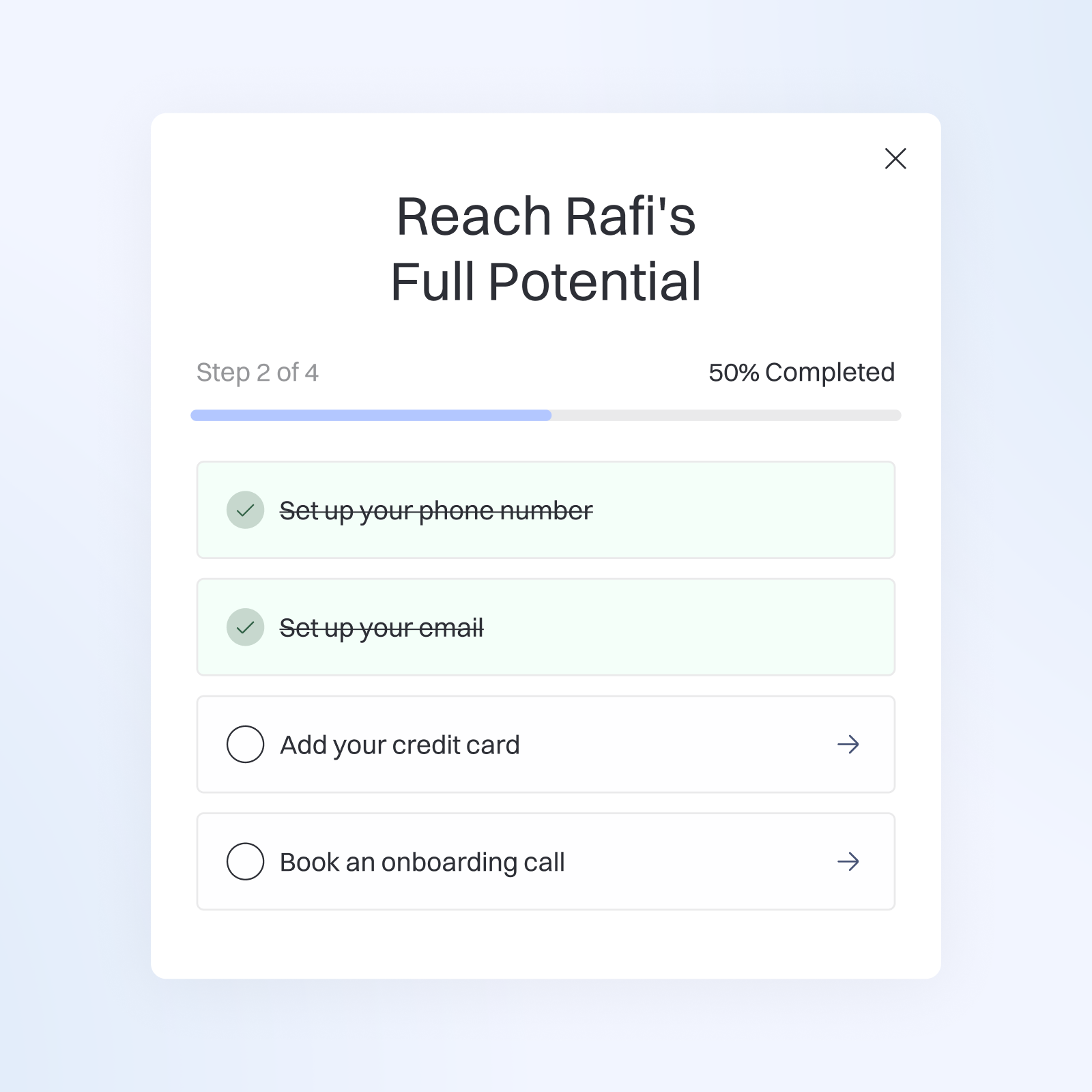 Rafi onboarding checklist showing setup progress
